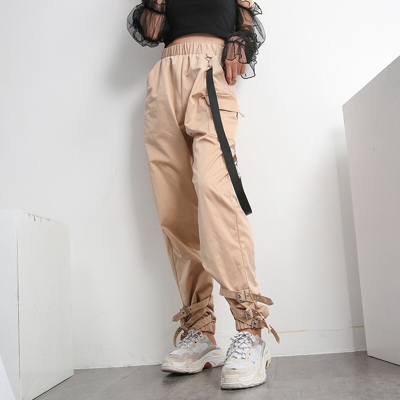 Boyfriend Style High Waist Elastic Cuff Safari Pants Woman Street Hip hop Loose Unisex Trousers Long Casual Cargo 210429