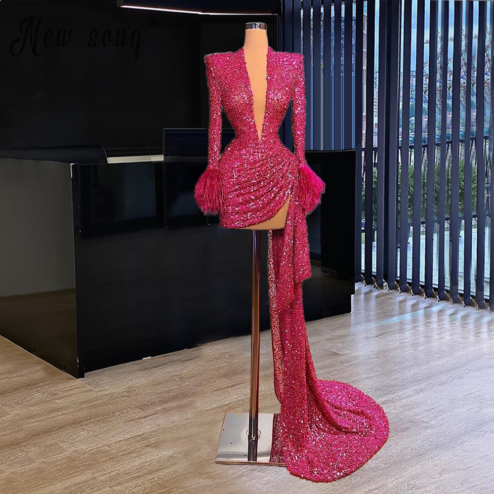 Fashion Short Prom Dress Sequins Deep V Neck Feather Long Sleeve Evening Gowns Mini Skirt Party Pageant Dresses, Light sky blue
Fashion Short Prom Dress Sequins Deep V Neck Feather Long Sleeve Evening Gowns Mini Skirt Party Pageant Dresses, Light sky blue