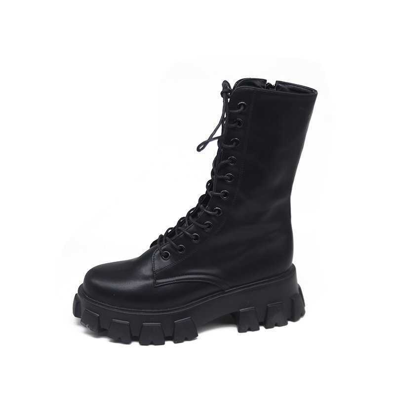 Women shoes White Boots Autumn Fashion Black Leather Platform Gothic Punk Combat boots Mid-Calf women Y0905