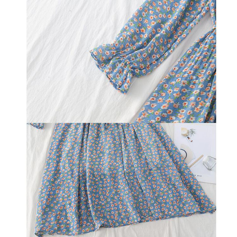 Spring Summer Pleated Chiffon Dress Women Elegant Lotus Leaf Collar Long Sleeve Floral Long Dress Loose Party Vestidos 210521