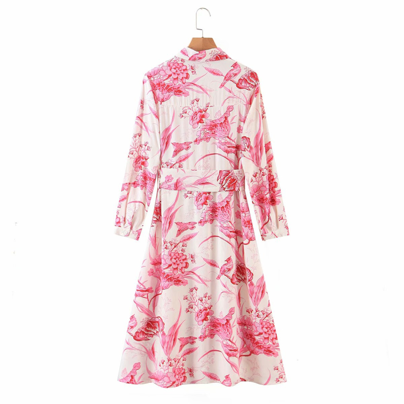 Casual Woman Red Printed Sashes Long Cotton Shirt Dress Spring Fashion Ladies Holiday es Female Elegant 210515
