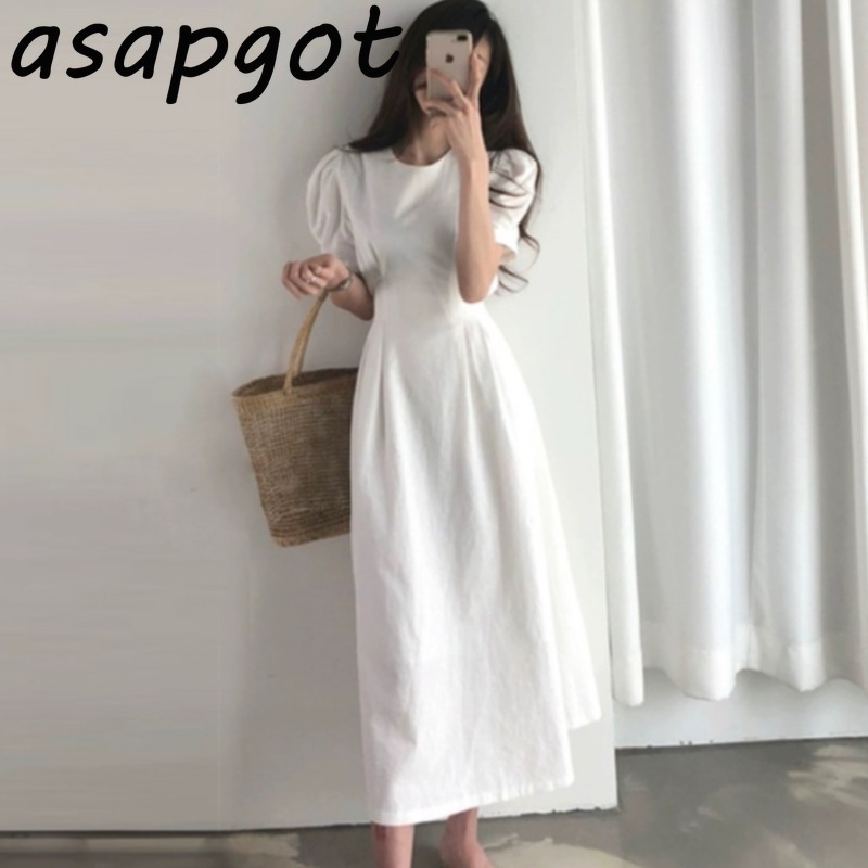 Minimalist Korean Chic Slim Lace Up Waist Solid Plus Size White Puff Sleeve A Line Cotton Linen Dress Women Vestido De Mujer 210429