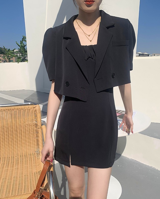 Office OL Puff Short Sleeve Blazer Coat + Sexy Ruched Sling Dress Fashion Women Two Piece Set Summer Female Outfits 210518