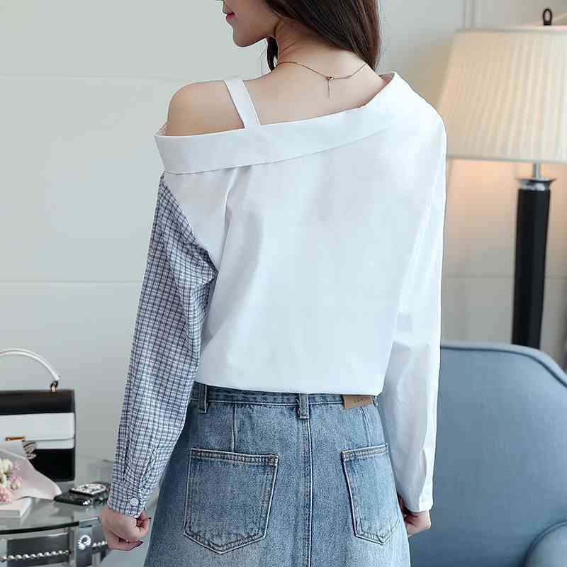 fashion long sleeve women clothing shirt summer sexy patchwork strapless blouse plaid 's tops blusas D832 30 210506