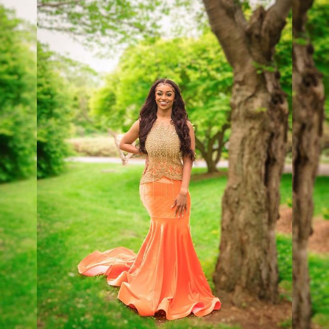 2021 Plus Size Arabic Aso Ebi Orange Mermaid Velvet Prom Dresses Lace Beaded Sheer Neck Evening Formal Party Second Reception Gowns Dress ZJ212
