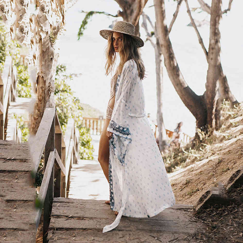 Sexy Bikini Cover-ups Boho Printed Fringed Long Kimono Carfigan Tunic Women Plus Size Beach Wear Swim Suit Cover Up A750 210420