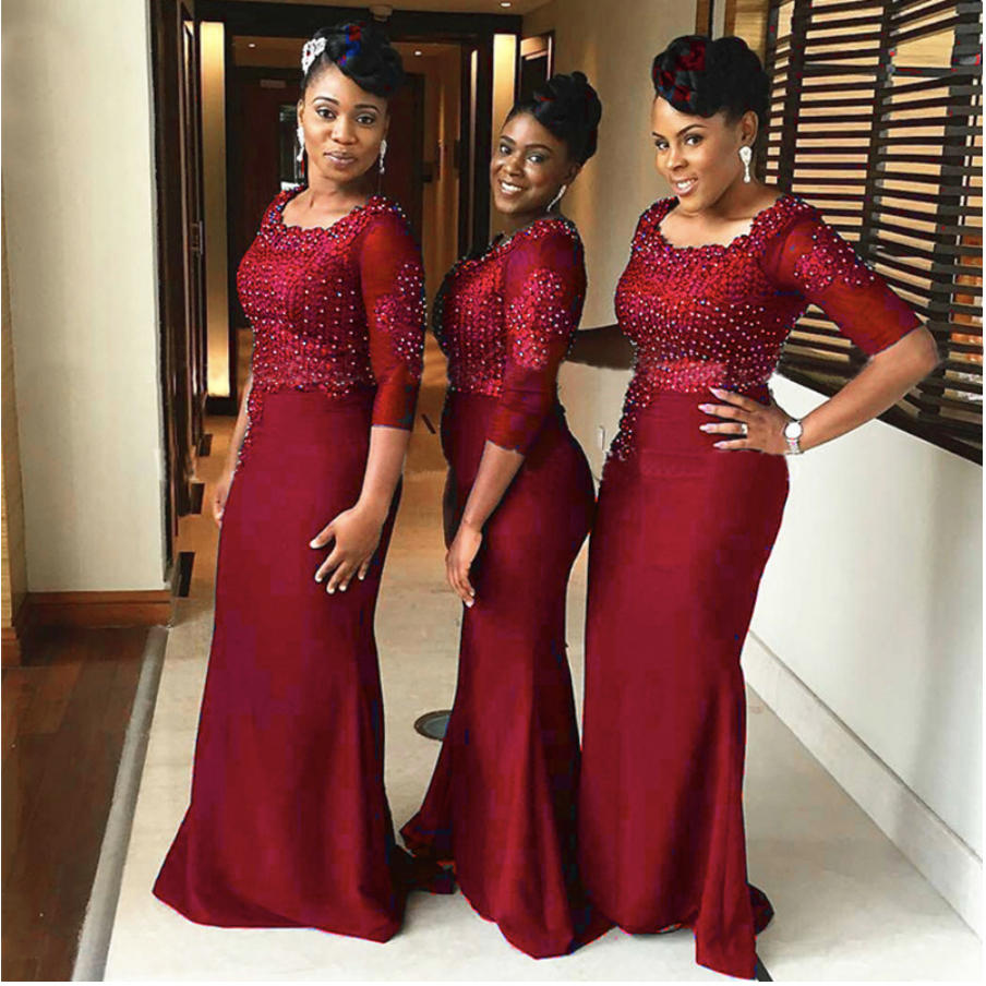 Luxury Beads Red Lace Bridesmaid Dresses Mermaid Sheer Half Sleeves Appliques Scoop Neck Women Long Wedding Party Dress Formal