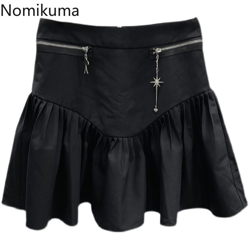 Nomikuma High Waisted Women Skirts Zipper Chain Causal A-line Mini Skirt Spring New Korean Faldas Mujer Moda 6G200 210427