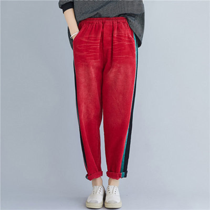 Autumn Fashion Women Elastic Waist Loose Corduroy Pants Allmatched Casual Side Stripe Harem Plus Size M701 210512