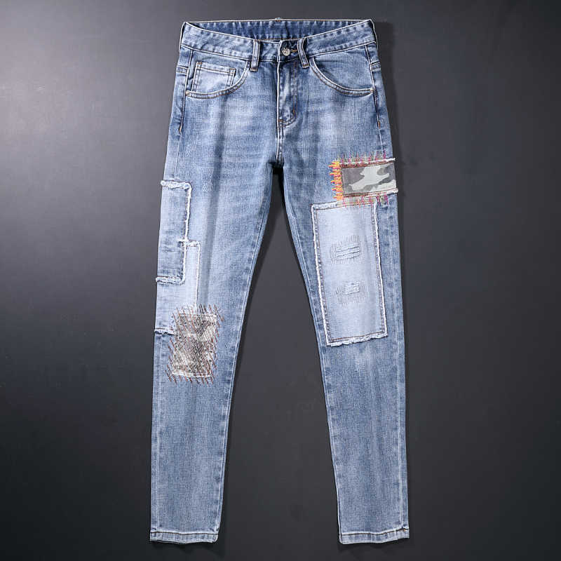 American Streetwear Fashion Men Jeans Slim Fit Retro Light Blue Elastic Cotton Ripped Patches Designer Hip Hop Pants ME06
American Streetwear Fashion Men Jeans Slim Fit Retro Light Blue Elastic Cotton Ripped Patches Designer Hip Hop Pants ME06
