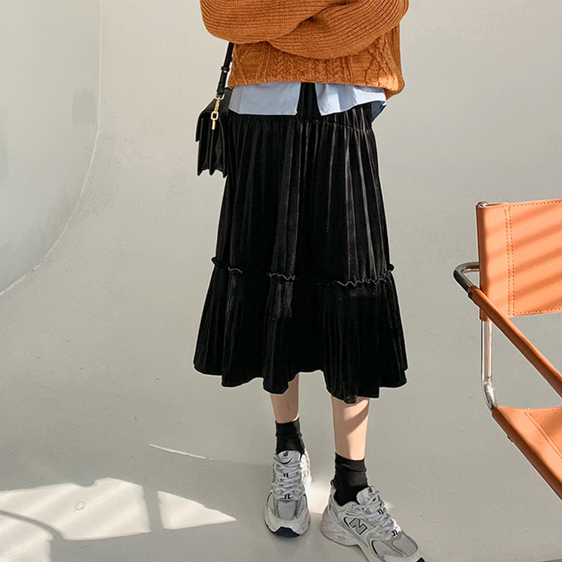 Spring High Waist Retro Solid Pleated Velvet Skirt Autumn Winter OL Elegant Fashion All-match Long Skirts Womens 210421