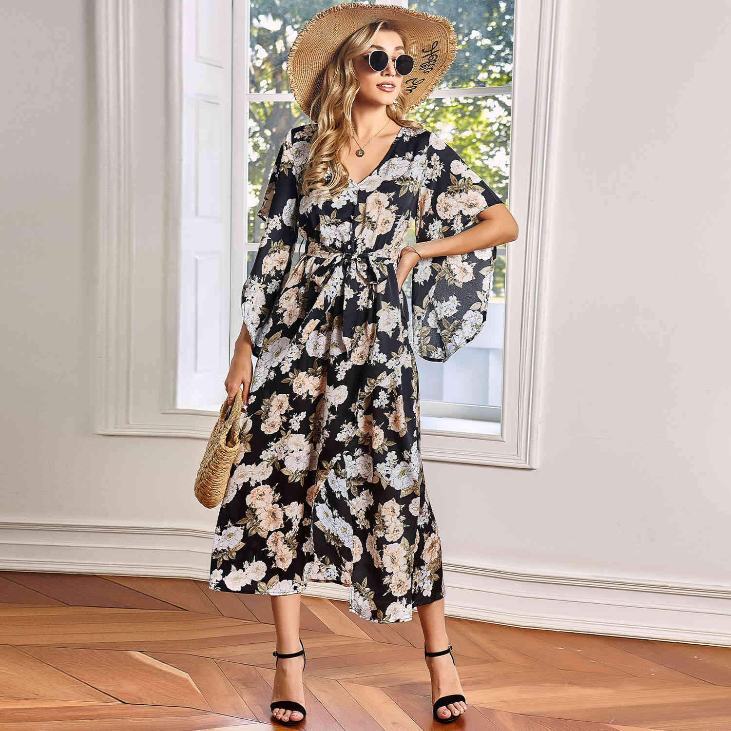 Bohemian floral Print long Dresses Women Summer Cross V-neck Sashes Mid-Calf Dress Lady short Sleeve chiffon Female 210524