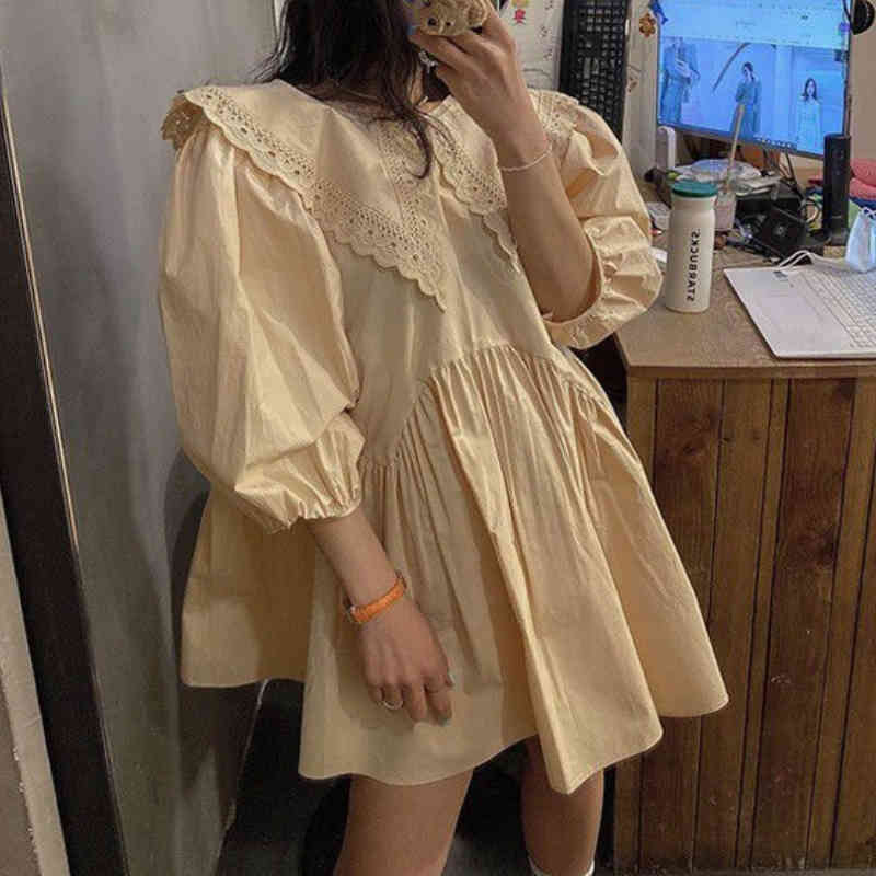 Nomikuma Korean Summer Woman Dress Peter Pan Collar Half Puff Sleeve Dresses Causal Bow Tie Backless Vestido De Mujer 6G666 210427