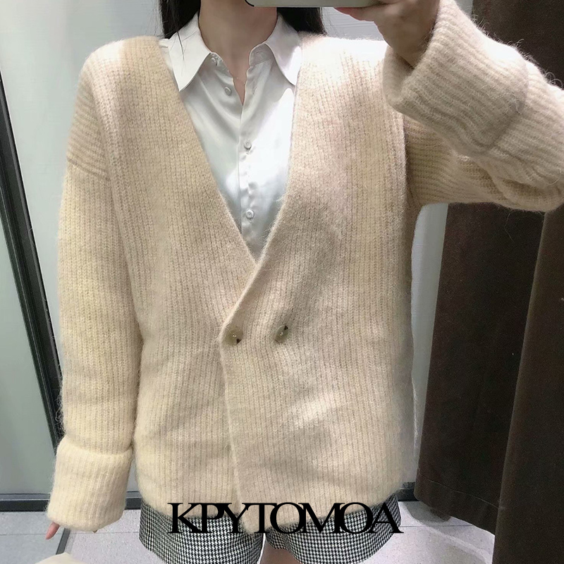 Women Fashion Crossover Button Wool Knitted Cardigan Sweater V Neck Long Sleeve Female Outerwear Chic Tops 210420
