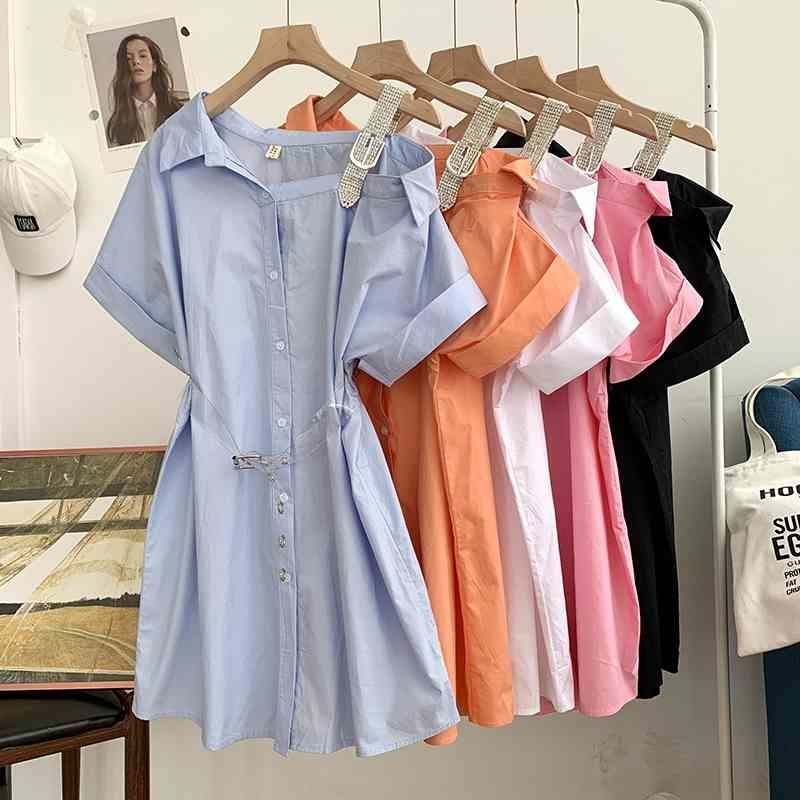 Summer lapel loose irregular short-sleeved heavy metal dress version solid color belt decorative shirt women 210525, Blue
Summer lapel loose irregular short-sleeved heavy metal dress version solid color belt decorative shirt women 210525, Blue