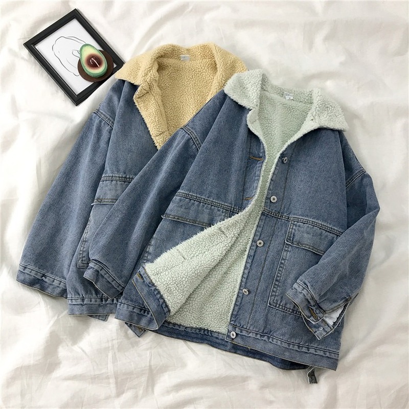 Thick Denim Jackets Lamb Wool Fashion Warm Patchwork Winter Women Jacket Korean Preppy Style Mujer Chaqueta 18709 210415