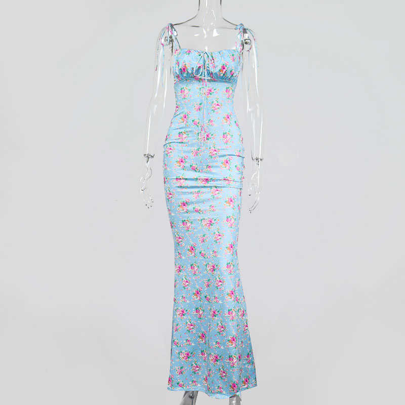 Colysmo Floral Party Dress Print Tie up Ruched Backless High Waist Blue Maxi Dresses for Women Casual Streetwear Chic Femme Robe 210527