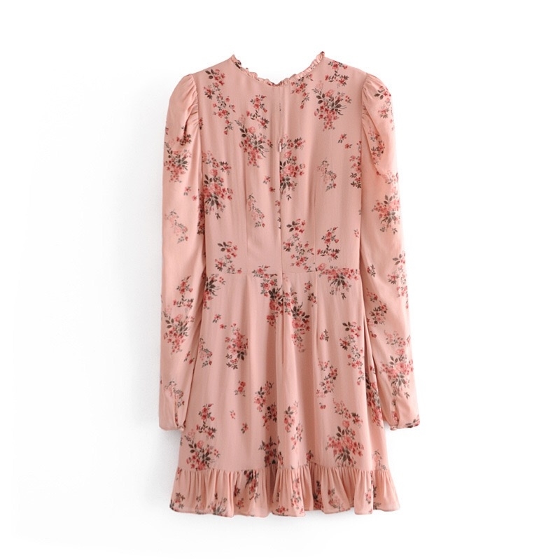 French Women Long sleeve Dress Elegant Lacing up Wood Ears Collar Floral Print Ruffle Hem Short Party Dresses Slim fit Vestido 210429