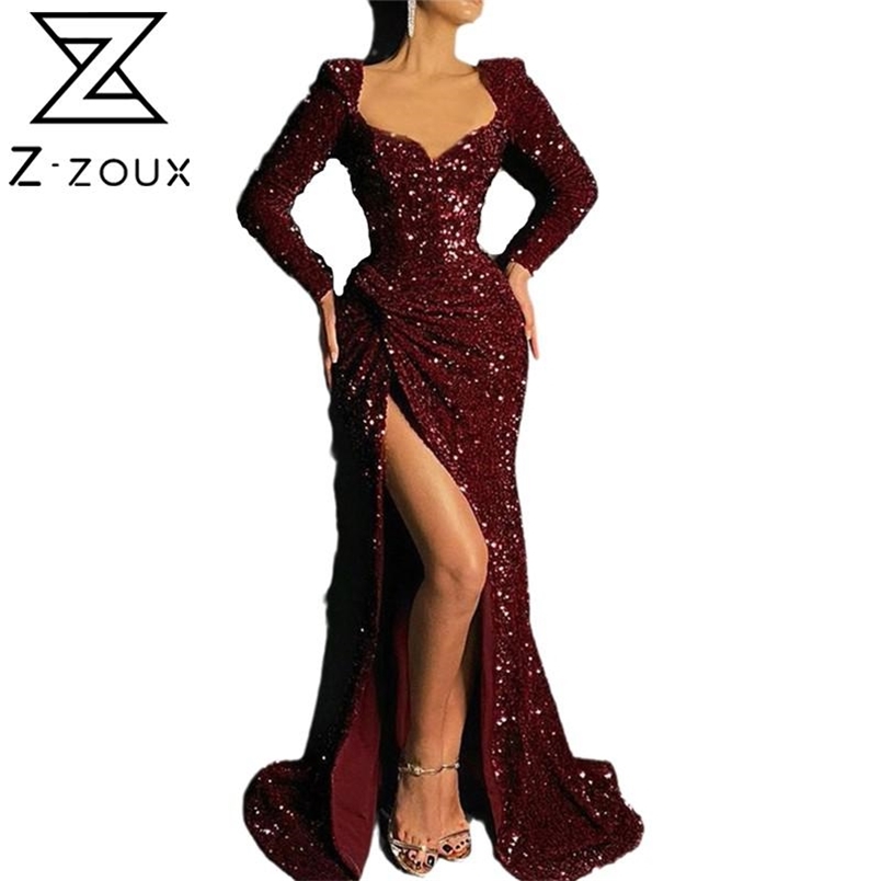 Women Dress Temperament Party es Sequin V Neck Split Maxi es High Waist Long Sleeve Plus Size Sexy 210513