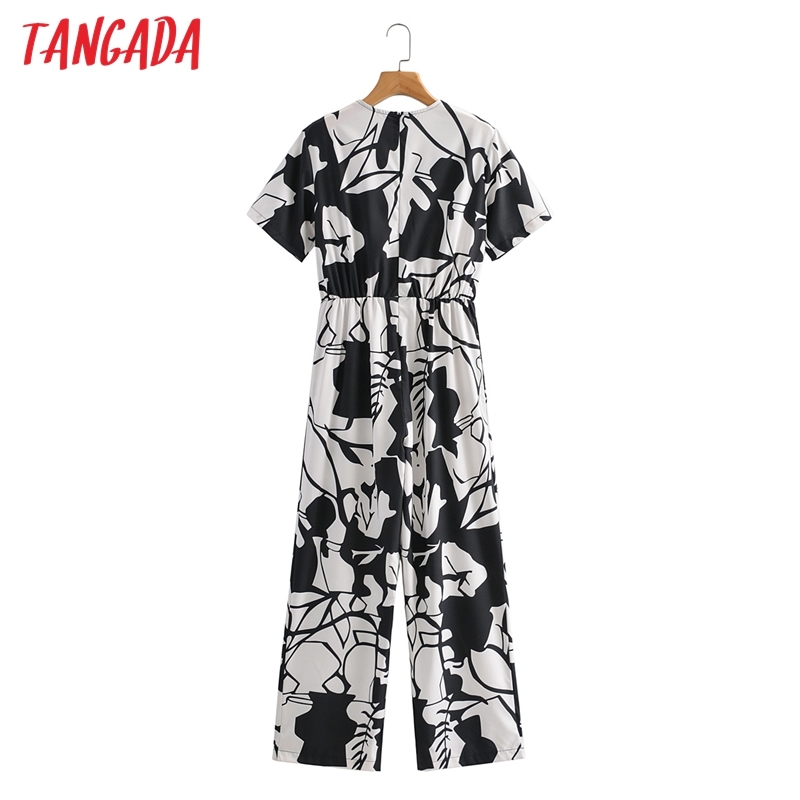 Women Leaf Print Long Short Sleeve V Neck Strethy Waist Female Casual Jumpsuit 1F186 210416