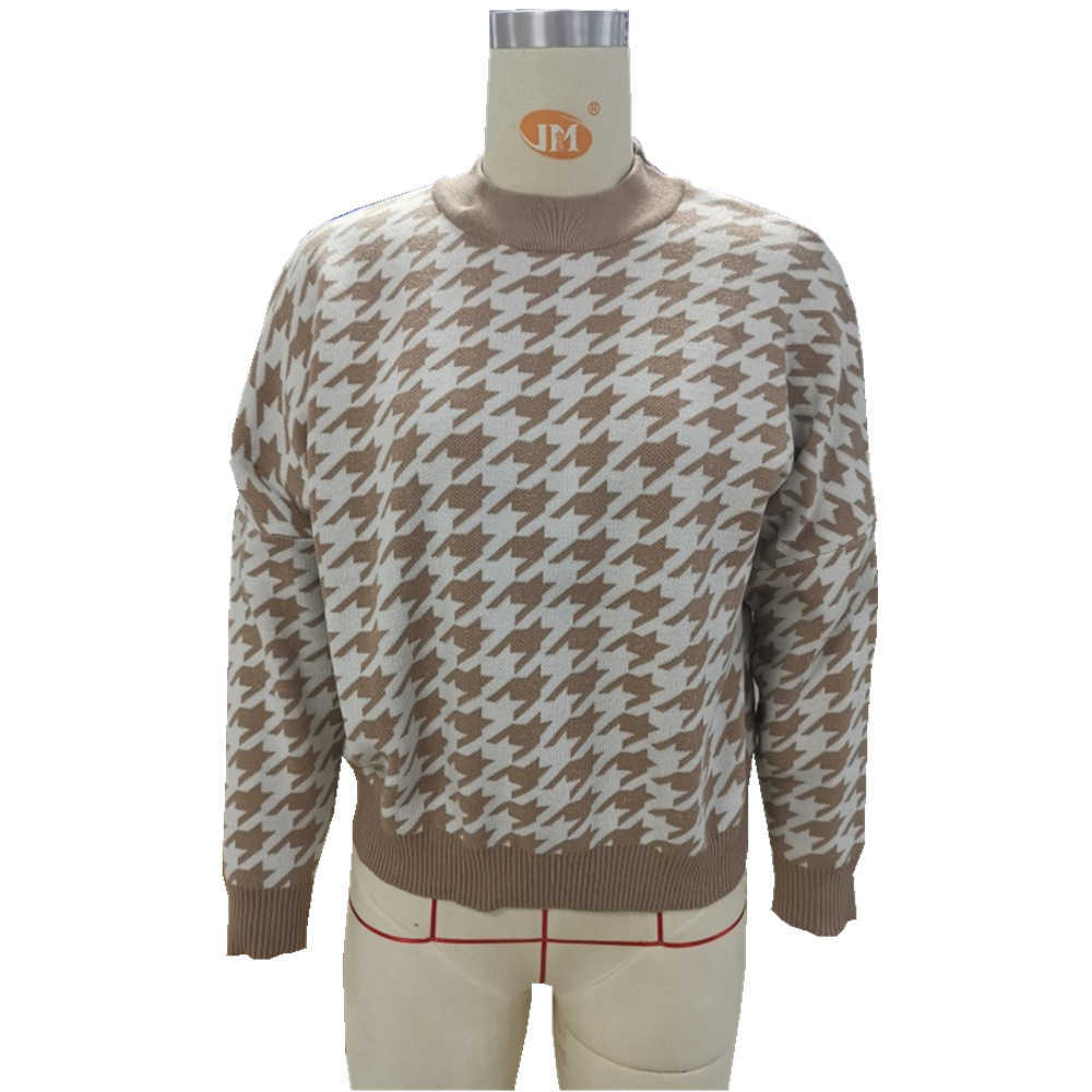 Geometric Khaki Knitted Sweater Women Casual Houndstooth Pullover Sweater Female Autumn Winter Retro Jumpers Top Clothing 210918