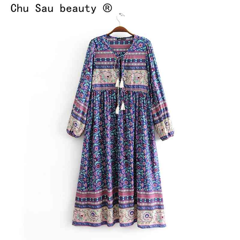beauty Fashion Boho Floral Print Maxi Summer Dress Women Holiday Chic Tassel Tie Loose Dresses Female Beachwear 210514