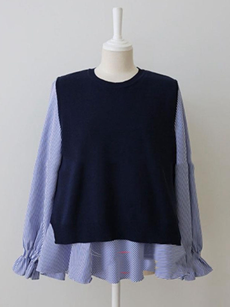 Nomikuma Women Blouse Sweet Knitted Vest Set Flare Long Sleeve Casual Blusas Shirt + Back Split Causal Sweater Vests Suits 6D780 210427