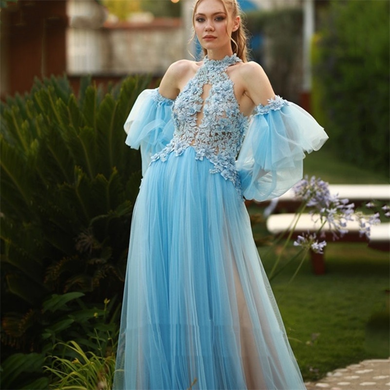 Princess Lace Appliqued Evening Dresses Beads Floor Length Long Sleeves High Neck Custom Made Prom Dress Robe de mariée