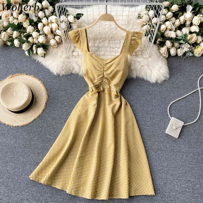 Sweet Woman Dress Chic Flying Sleeve Sling Vestidos Mujer Summer Vintage Plaid Robe Slim Waist Fashion Ruffles Dresses 210519