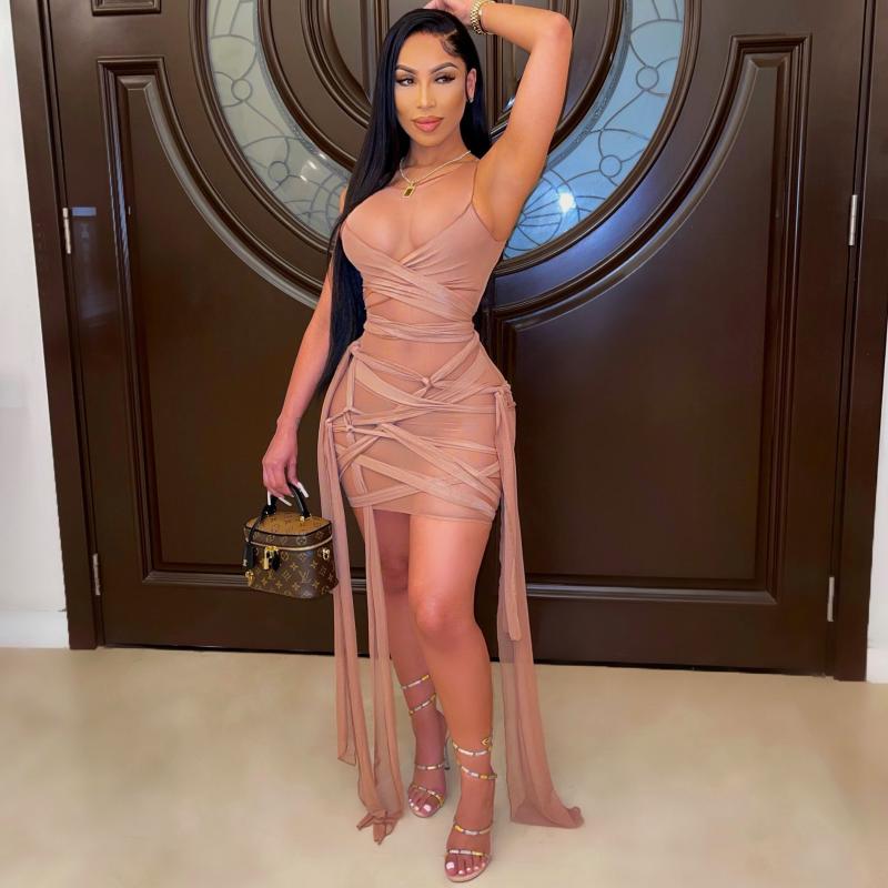 Women's Sexy Mesh Perspective Bandage Sleeveless Vest Dress Two Piece