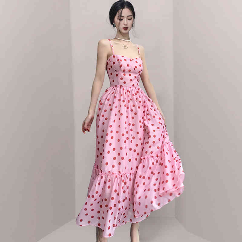 Fashion Sexy Pink Polka Dot Summer Maxi Dress Women Sweet Cute Spaghetti Strap Long Camisole Dresses Vestidos Female Chic 210506