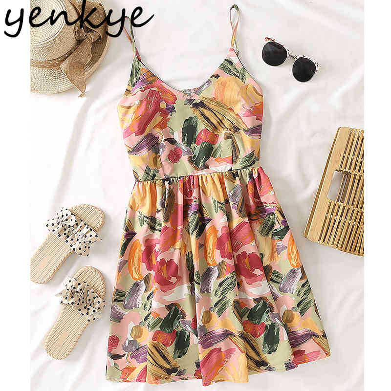Vintage Multicolor Print Sexy Sling Dress Women V Neck Sleeveless A-line Mini Holiday Beach Summer Short Vestido 210430