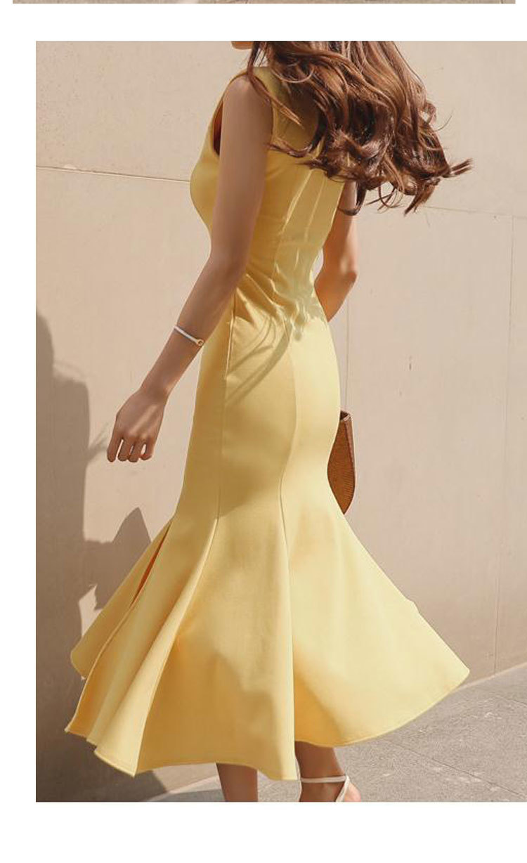Elegant Yellow Mermaid Dress Summer Pencil Midi Women Slim Bodycon Office Lady Ruffle es 210519
