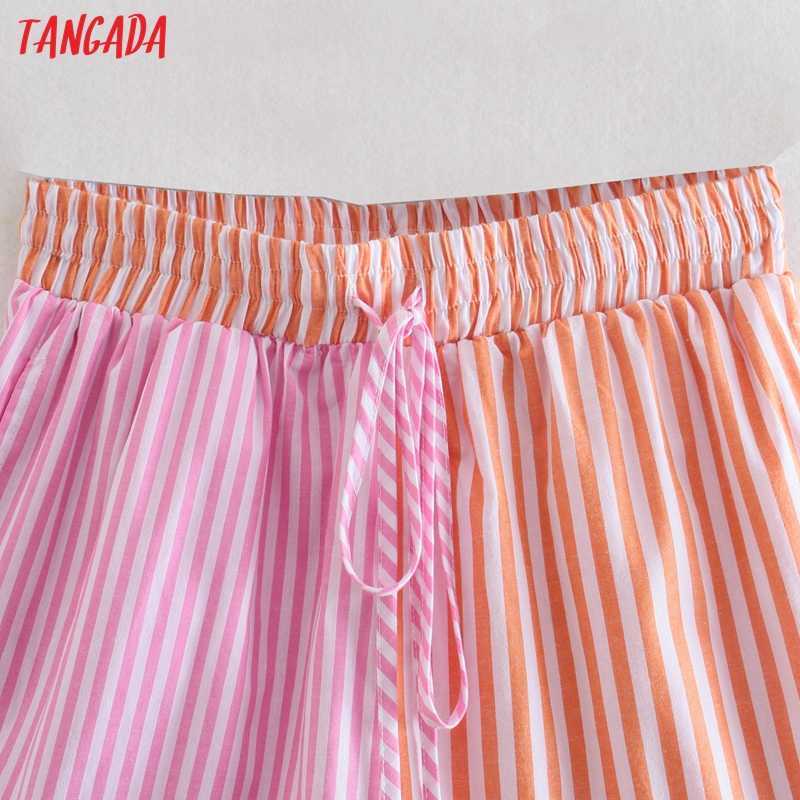 Tangada Women Vintage Pink Striped Shorts Strethy Waist Pockets Female Retro Casual Pantalones QJ157 210724
