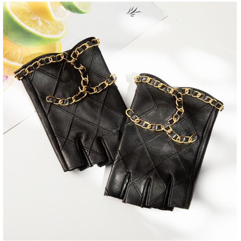 

Brand designer leather half-finger gloves women's sheepskin motorcycle gloves leaking fingers short spring and autumn thin section riding driving..