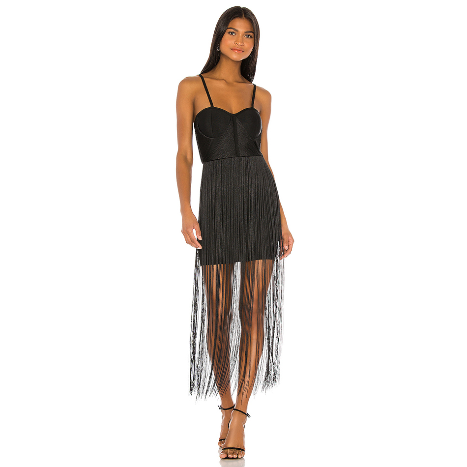 Free Fashion Women's Black Fringed Bandage Dress Sexy Spaghetti Strap Bodycon Halter Club Party Vestidos 210524