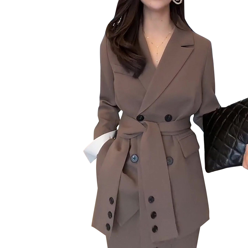 VGH Black Korean Two Piece Set For Women Notched Long Sleeve Sashes Blazer High Waist Wide Leg Pants Casual Sets Female Fashion 210421