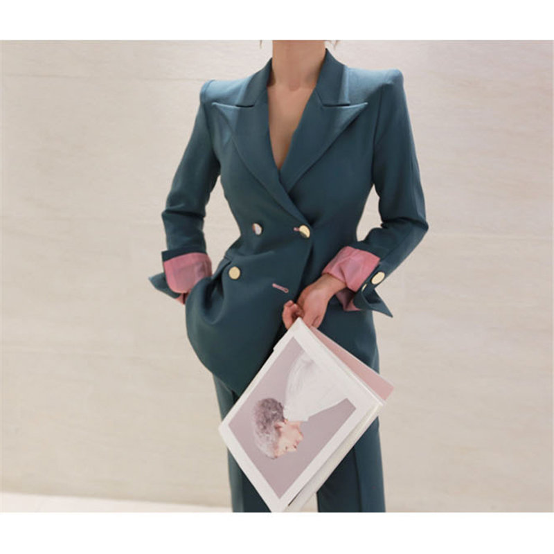 Autumn OL Waist-Controlled Elegant All Match Office Lady Blazer +Casual Loose Straight Trouser Suits Women 2 Piece Sets 210421