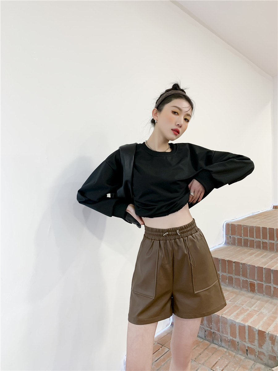 Spring Fashion Loose Wide Leg PU Leather Shorts for Women Casual Elastic High Waist Female Faux 210514