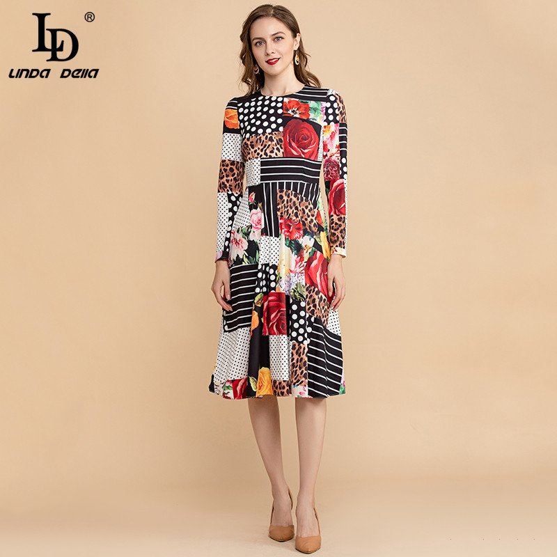 Summer O-Neck Fashion Leopard Polka Dot Floral print Women Vintage Midi Dress Runway A Line Party Vestidos 210522