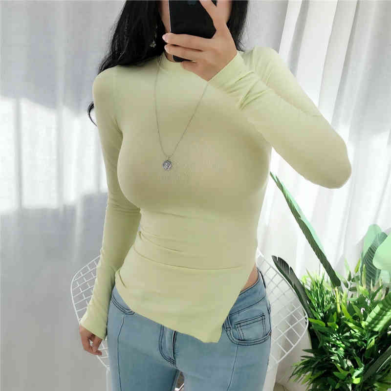 Long Sleeve O-Neck Pullover Solid Shirt Refreshing Split Ends Sexy Slim Micro-through Bottoming T-shirt Blusas Mujer 10707 210518