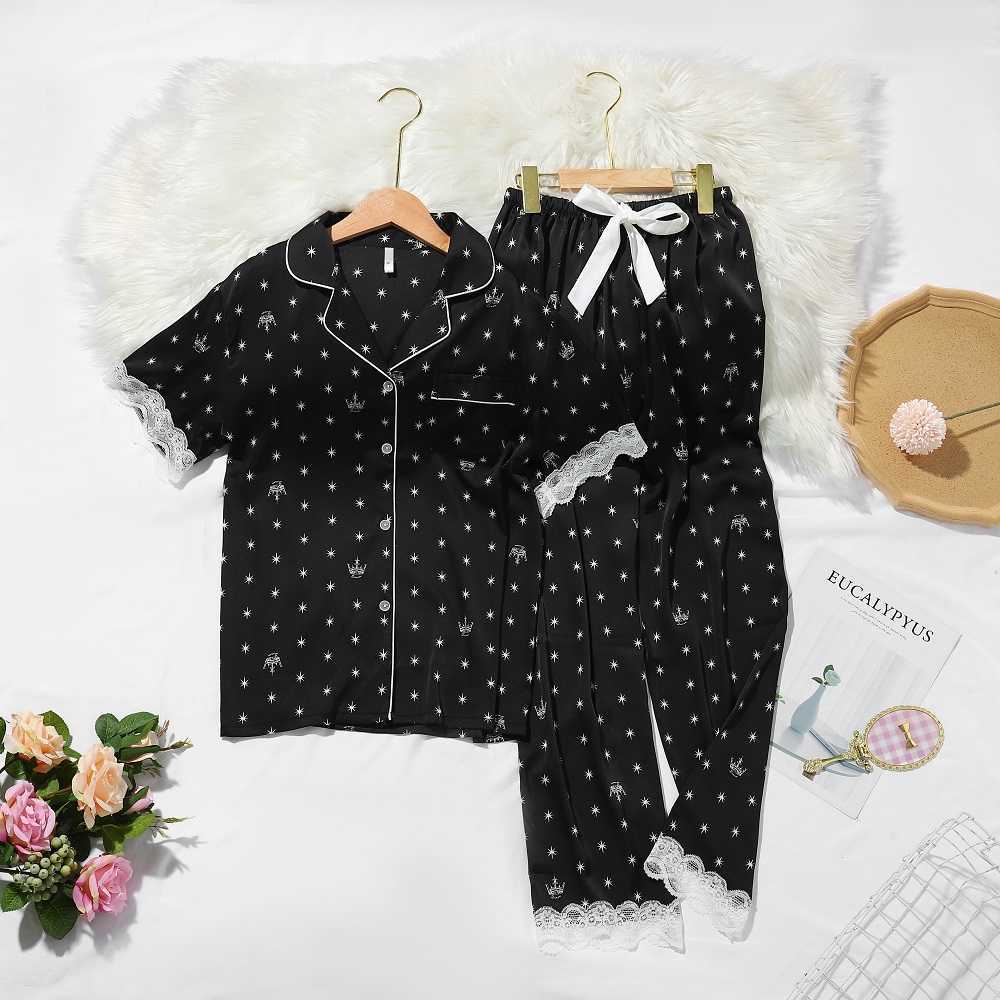 Lisacmvpnel Srping Crown Print Women Pyjamas Lace Sweet Short Sleeve Suit Pajamas Summer Satin Chiffon Soft Touch Sleepwear 210924