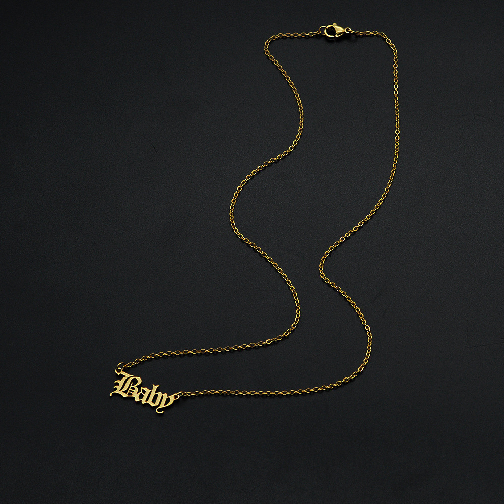 30PCS Old English Letter Word Baby Necklaces Stainless Steel Initial Alphabet Name Logo Pendant Charm Chain Minimalist Collar Choker Jewelry for Women