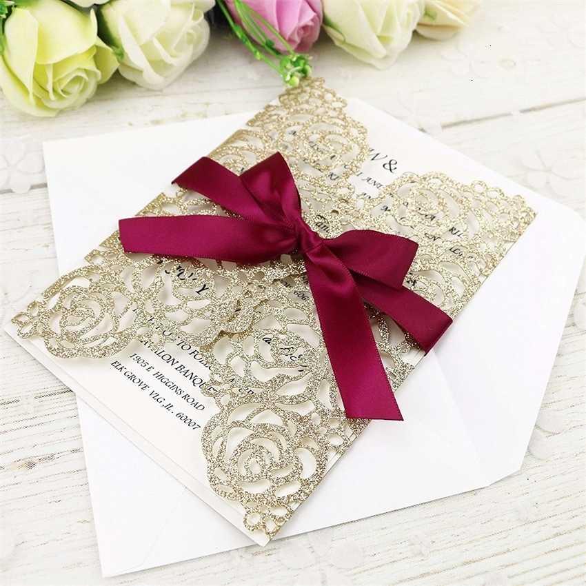 2021 Hot Invitation Cut Gold Laser Cards Glitter Sale With Burgundy Ribbons For Wedding Bridal Shower Engagement Birthday Gra