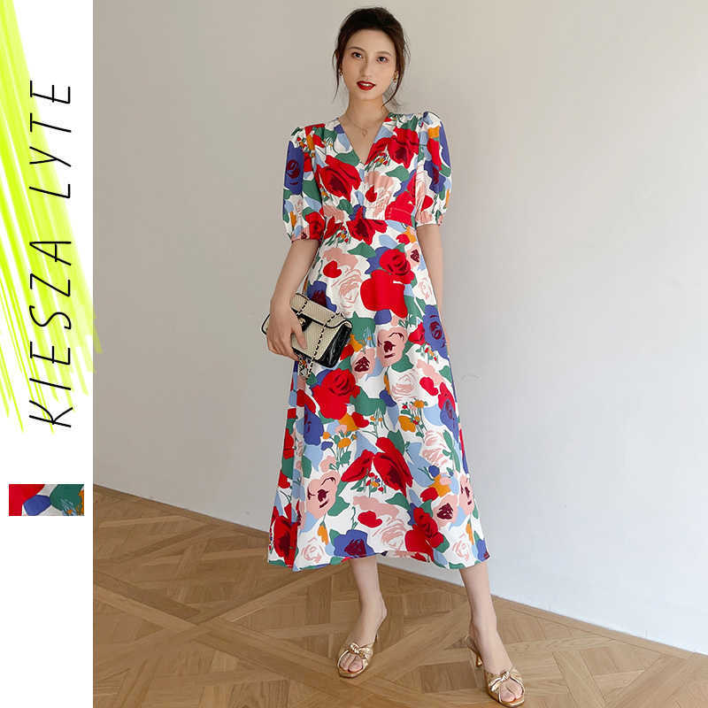 Elegant Women Summer Dress France V Neck Bubble Sleeve Printed Holiday Style Slim Red Colorful Dresses Vestidos de fiesta 210608
Elegant Women Summer Dress France V Neck Bubble Sleeve Printed Holiday Style Slim Red Colorful Dresses Vestidos de fiesta 210608