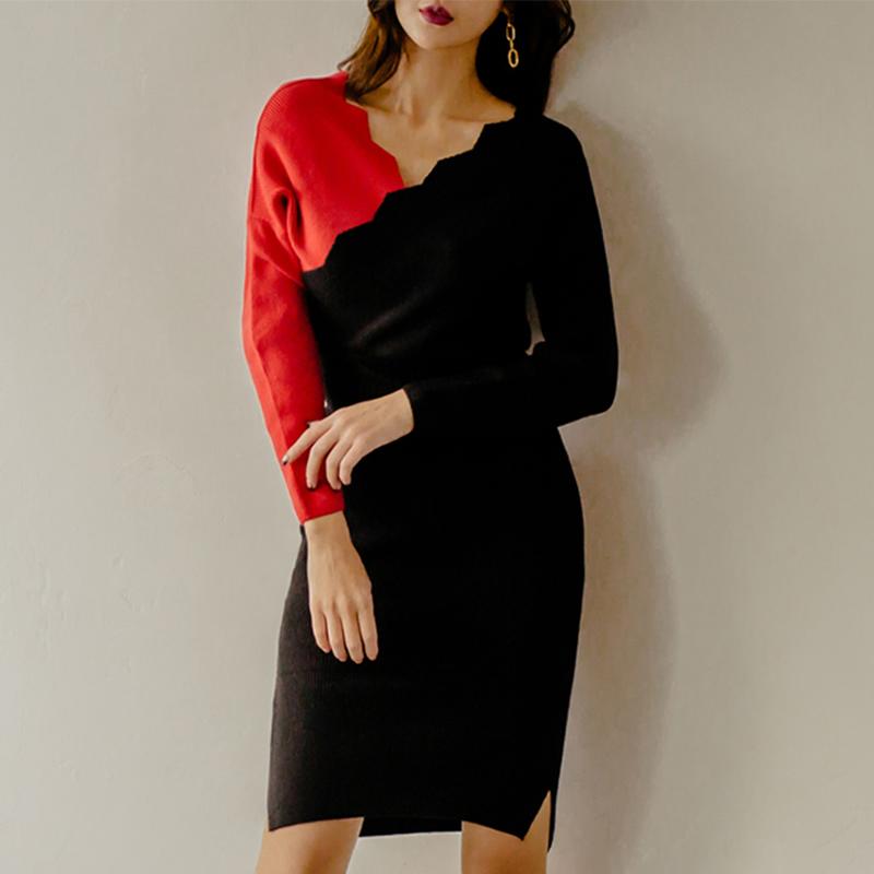 Ladies V-Neck High Waist Long-Sleeved Sweater Knitted Dress Bat Sleeve Bodycon Knee-Length Sexy Vestidos Casual Dresses