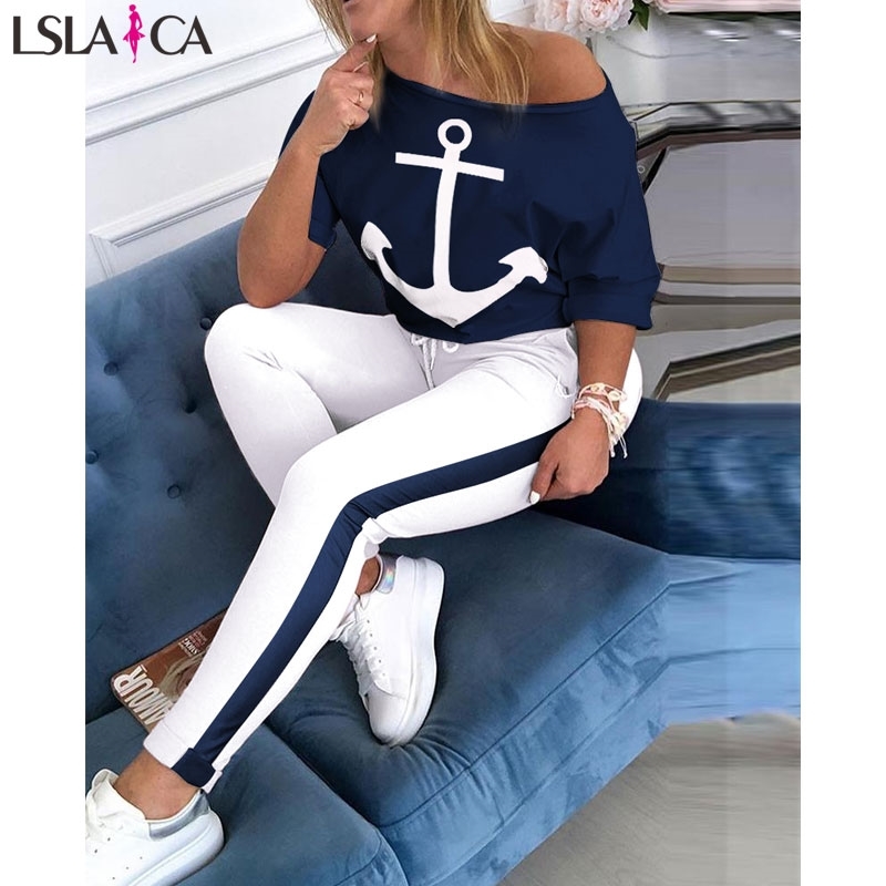 sweatsuits for women skew Neck Half Sleeve anchor print Tops & Colorblock Drawstring Pant streetwear womens two piece sets 210520