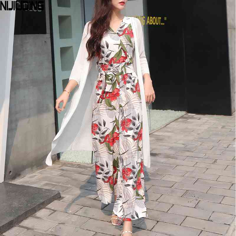 Women Retro Chiffon Wide Leg Pants Spring Summer Bodysuits Female Slim Printed Lace Up V-neck Vest Oversize Jumpsuits 210514