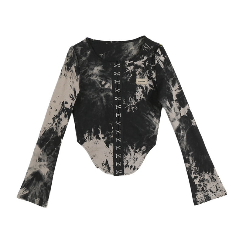 front long back short irregular leaky waist blouse women's spring round neck sleeve tie dyed shirt 210427