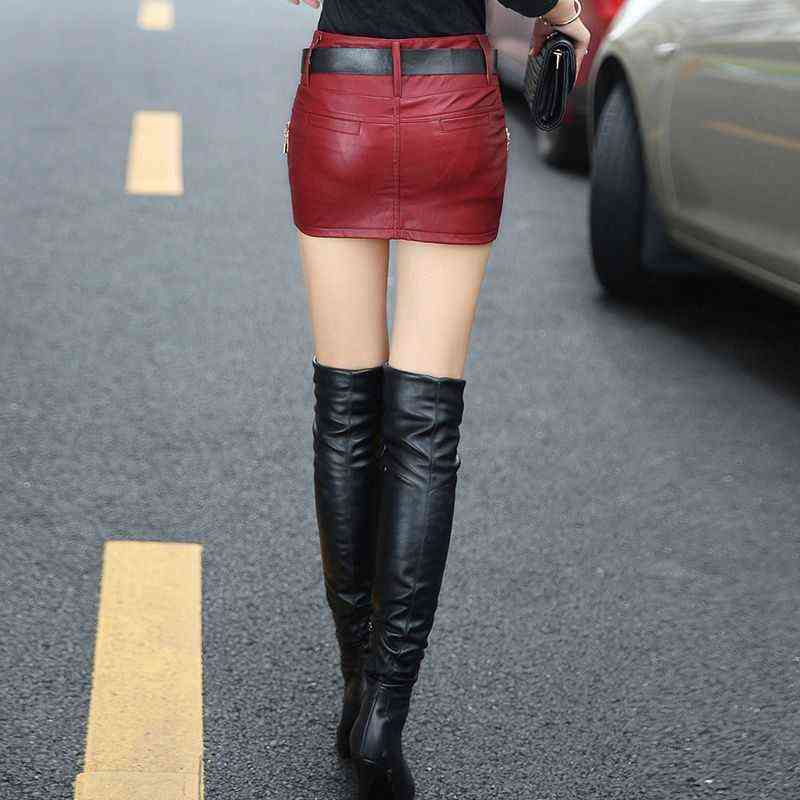NYFS Style Spring Autumn Winter Women black color Slim PU Leather skirt Hip faldas S-XL Size(No belt) 211119